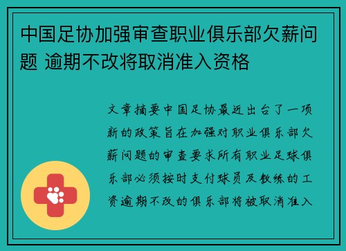 中国足协加强审查职业俱乐部欠薪问题 逾期不改将取消准入资格